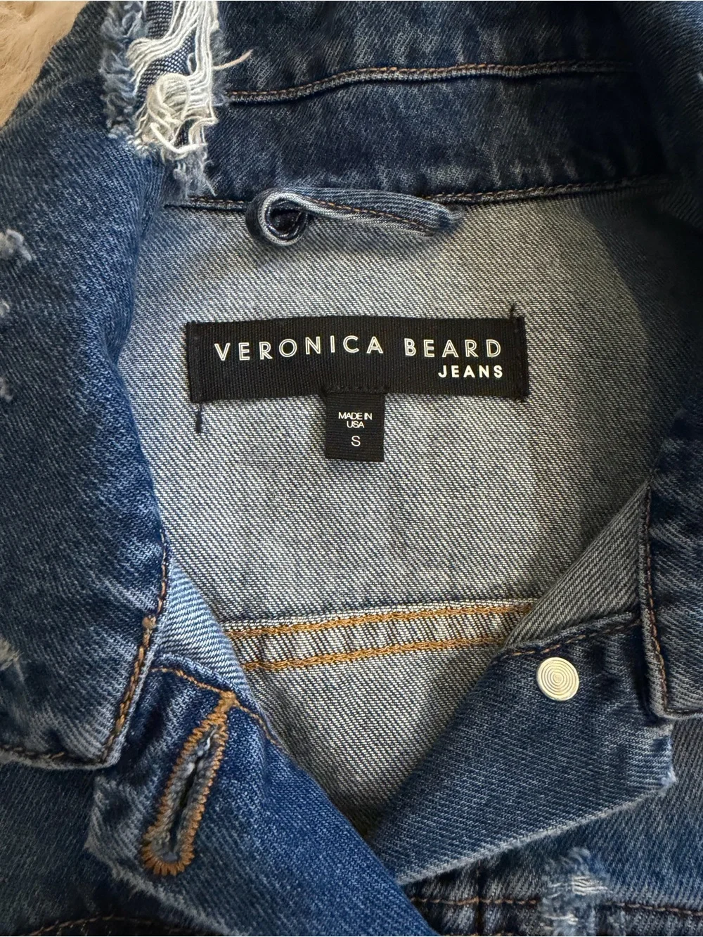 Veronica Beard Distressed Blue Cropped Denim Jacket with Gold Buttons & Chain